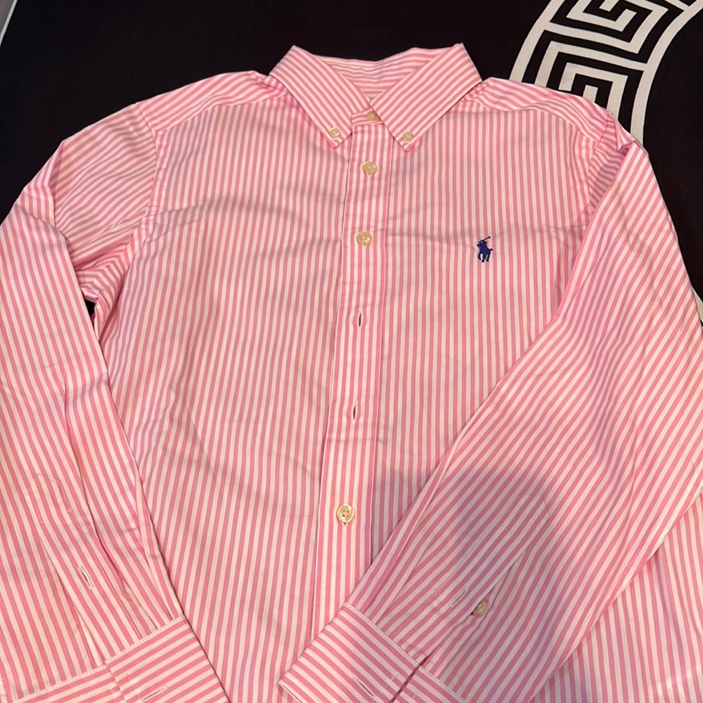 Boys Ralph Lauren pink and white stripe button down size 10/12 like new